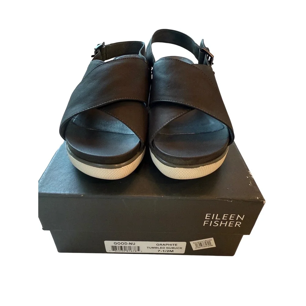 Eileen Fisher Graphite Nubuck Platform Sandals Wedge 7.5M Grey Comfort